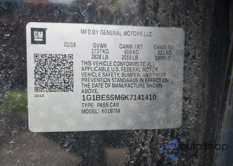 2019 Chevrolet Cruze Lt из США, поврежденный, VIN 1G1BE5SM6K7141410